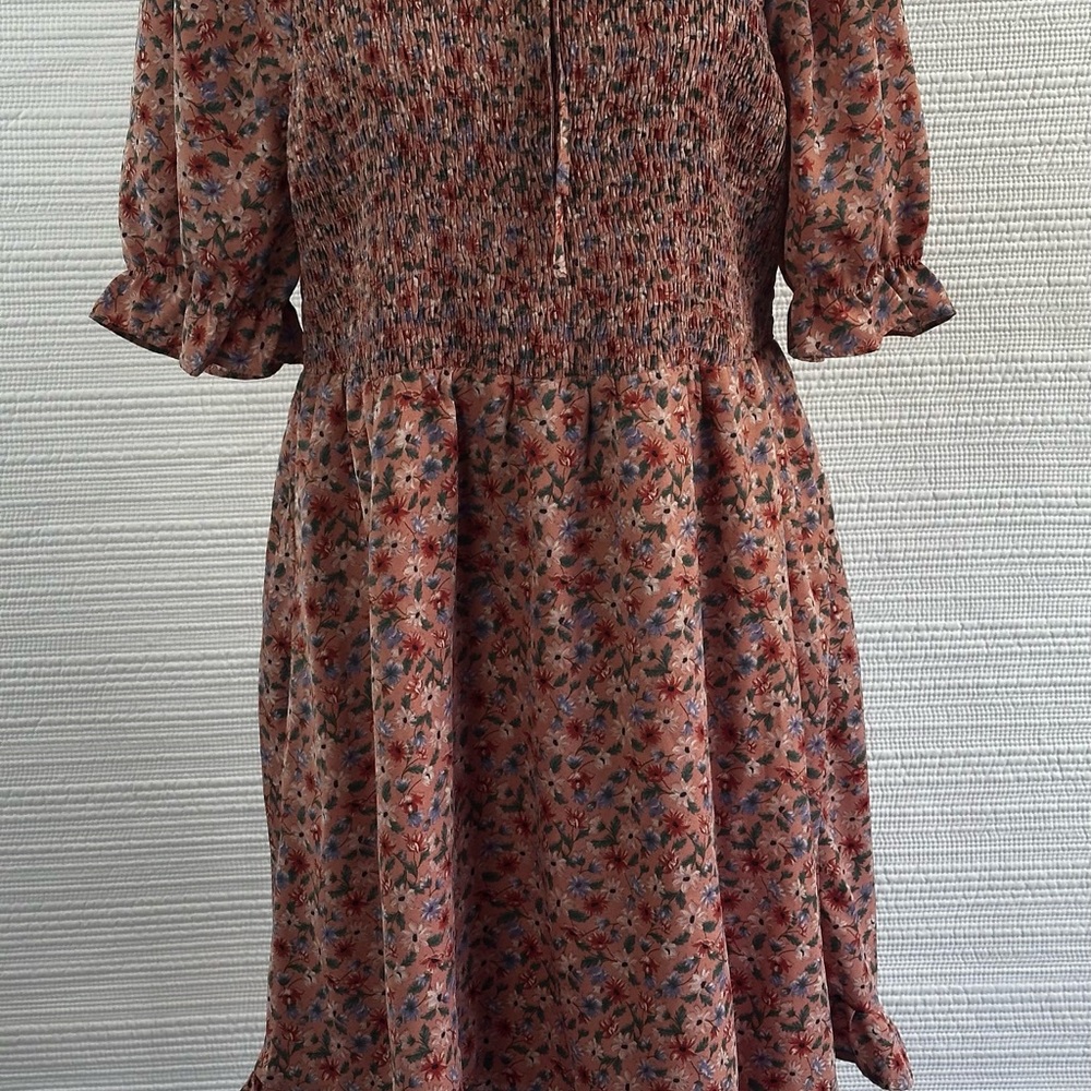 Allegra K 1X Floral Smocked Midi Dress – Cottagecore Puff Sleeve Fall Dress - Picture 9 of 12